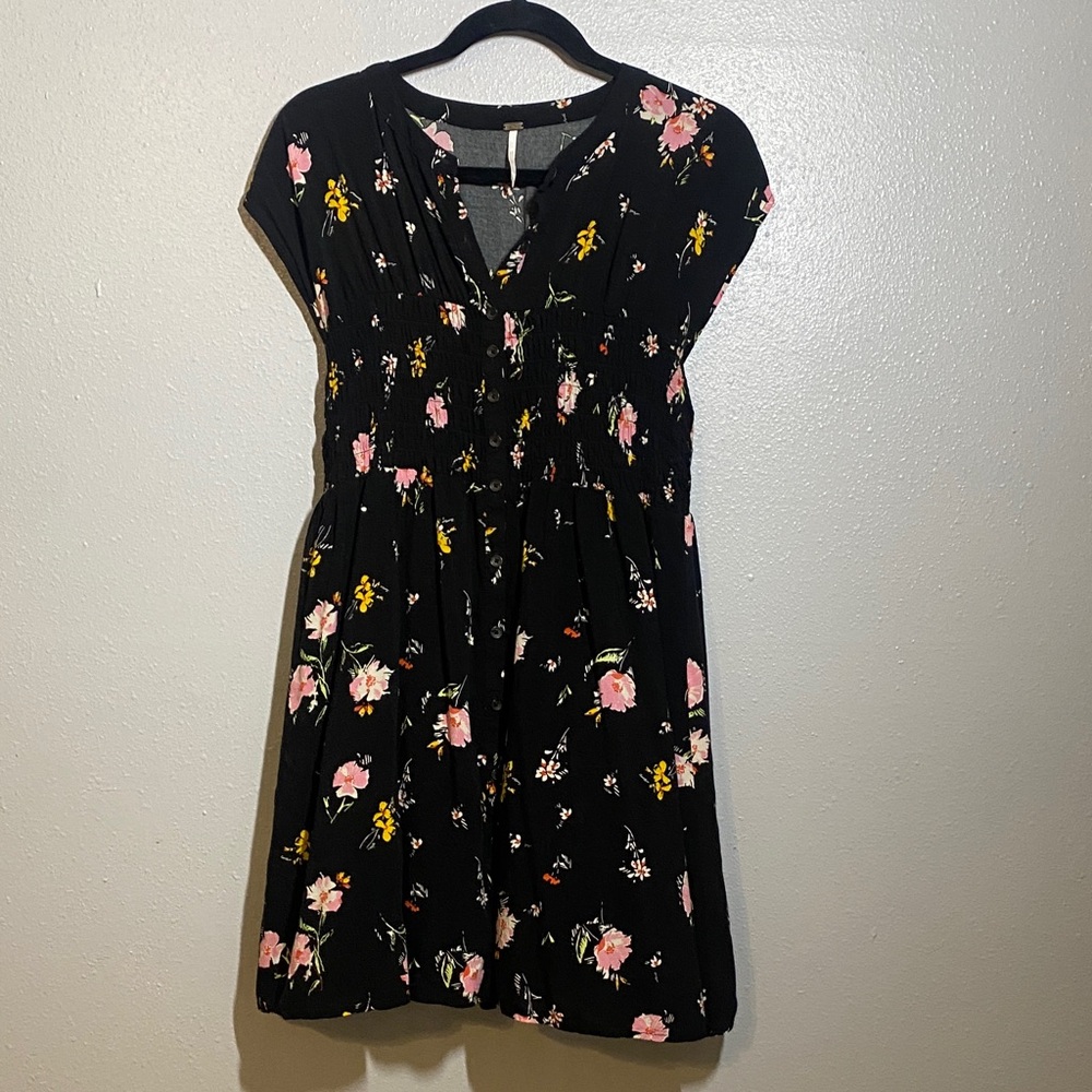 Free People Black Mini Dress with Pink & Yellow Floral Print
